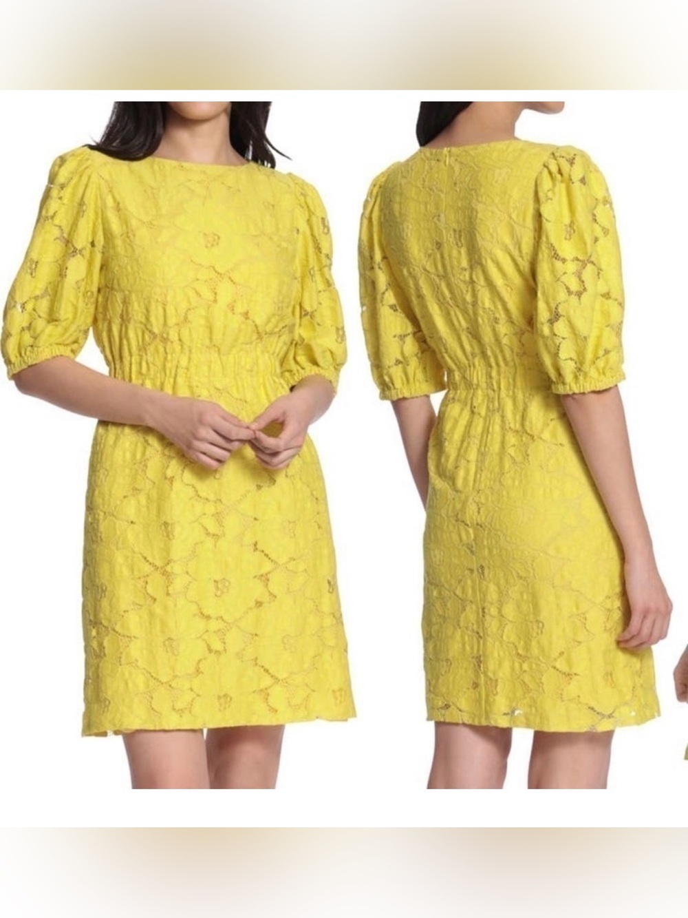 Yellow Lace Puff Sleeve Dress - Women's Elegant Day Dress